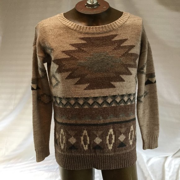 American Eagle Outfitters Mens Sweater Small Pullover Beige Tribal Aztec Wool - Picture 1 of 15